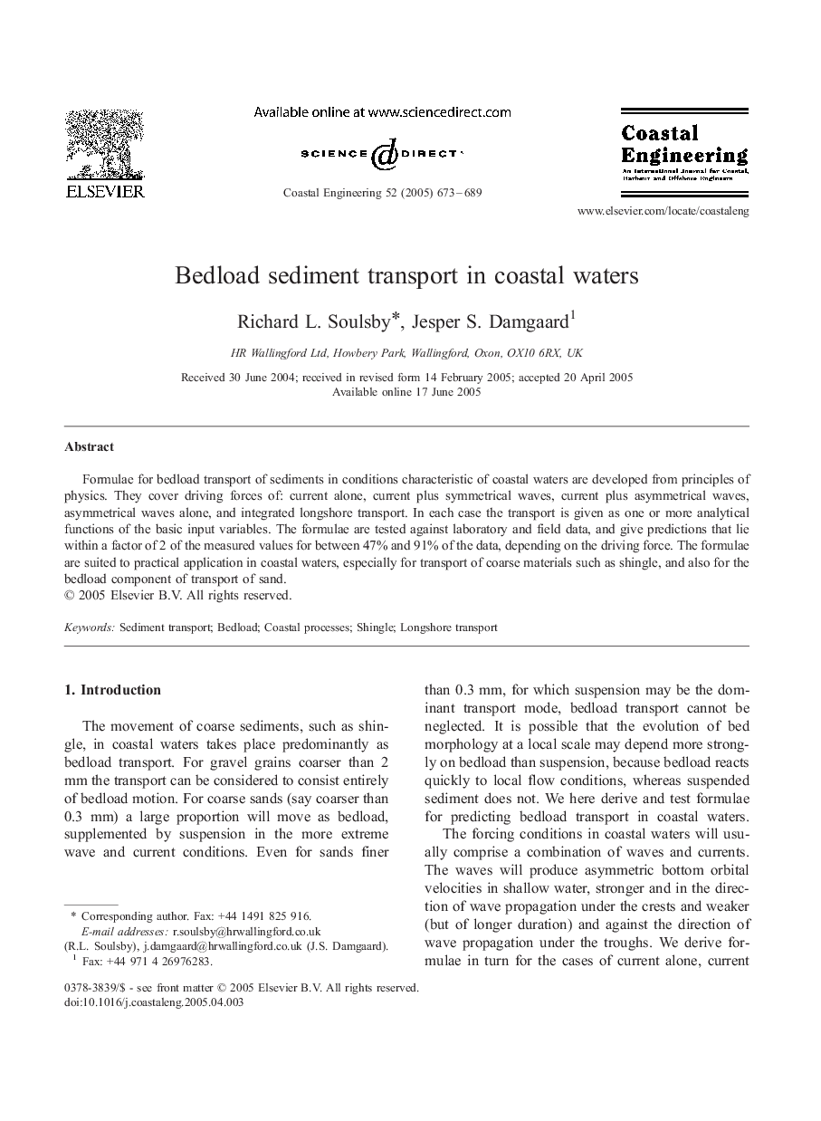 Bedload sediment transport in coastal waters