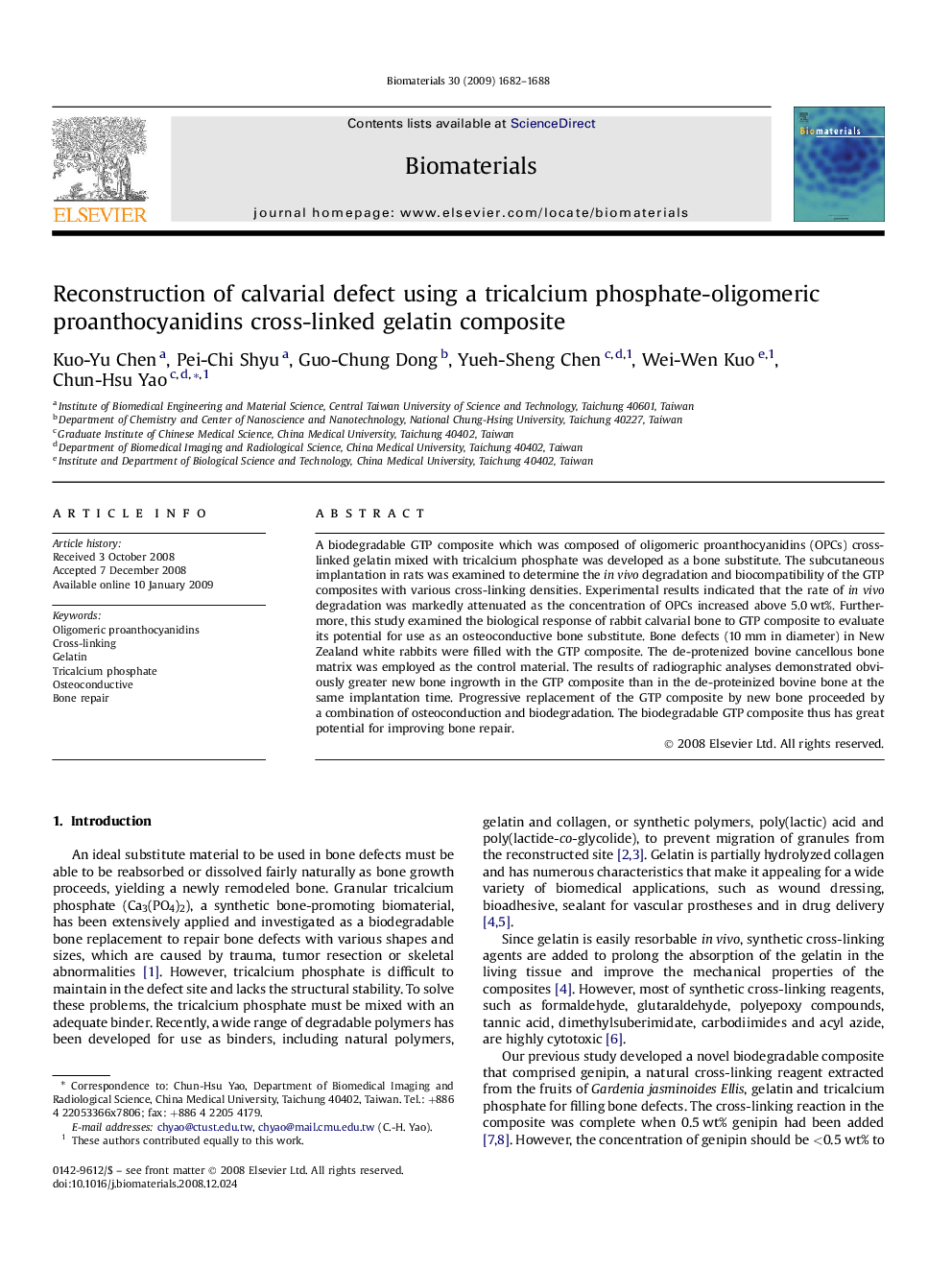 Reconstruction of calvarial defect using a tricalcium phosphate-oligomeric proanthocyanidins cross-linked gelatin composite