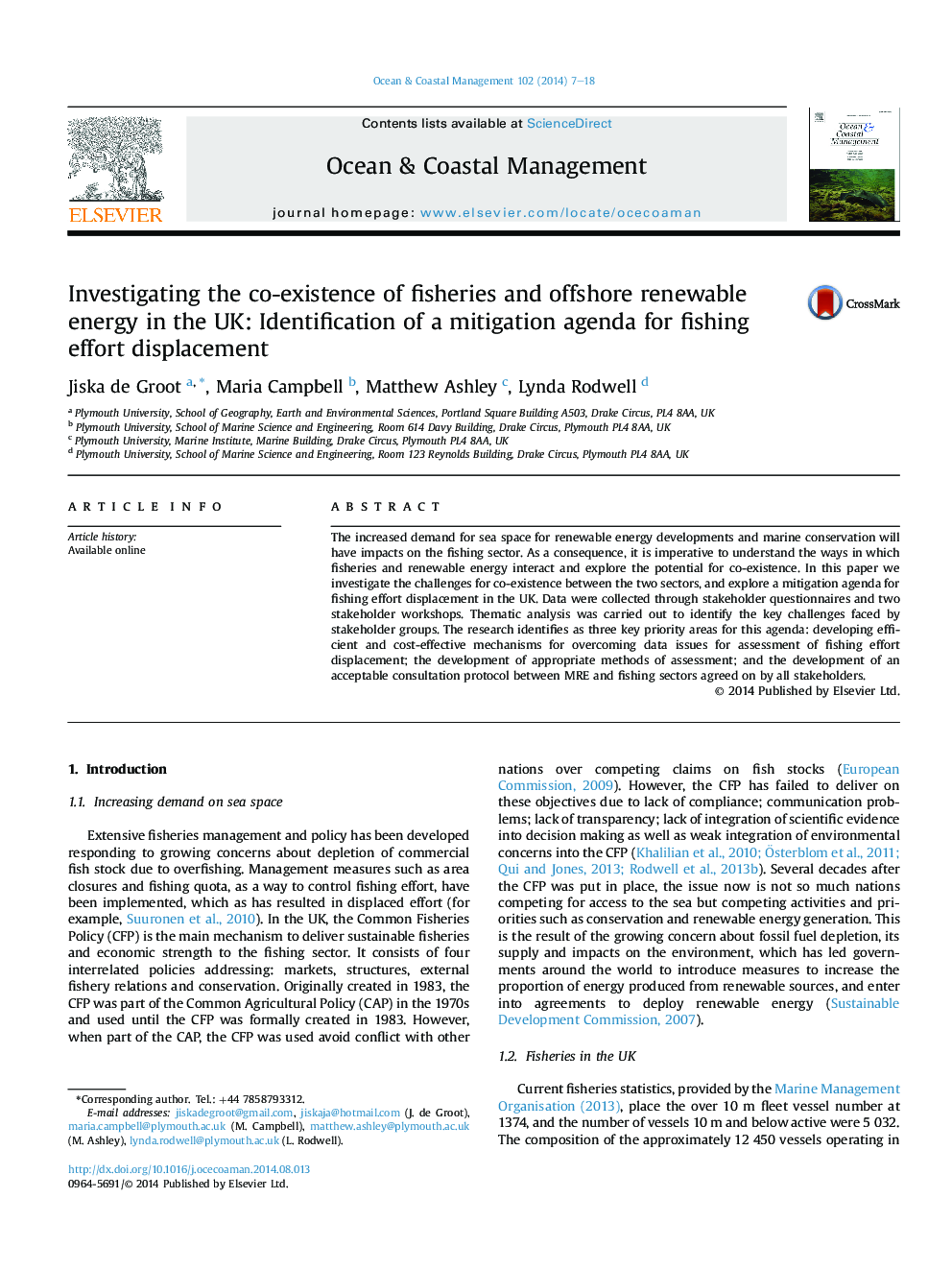 Investigating the co-existence of fisheries and offshore renewable energy in the UK: Identification of a mitigation agenda for fishing effort displacement