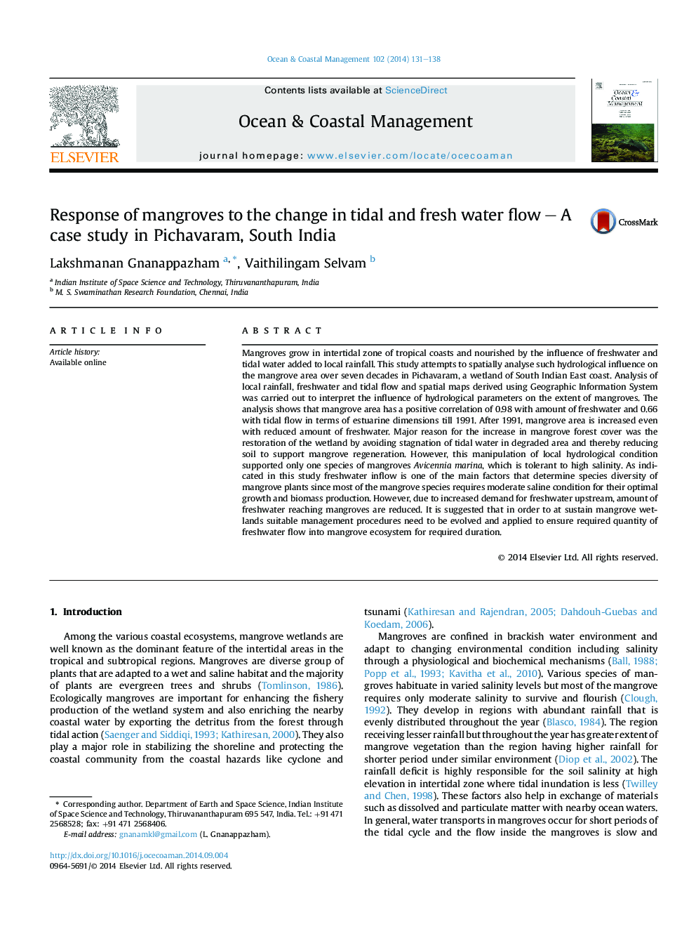 Response of mangroves to the change in tidal and fresh water flow - A case study in Pichavaram, South India