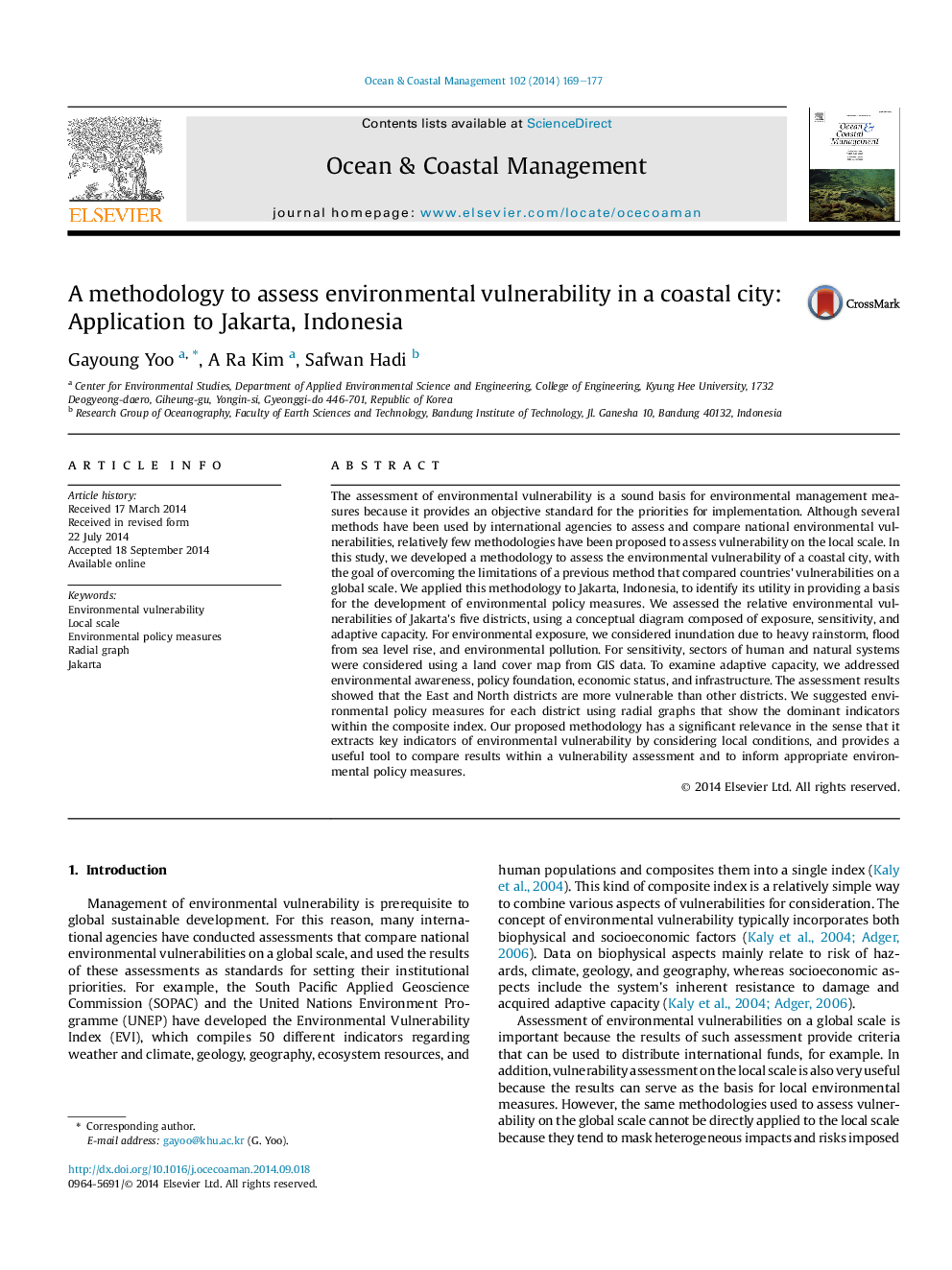 A methodology to assess environmental vulnerability in a coastal city: Application to Jakarta, Indonesia