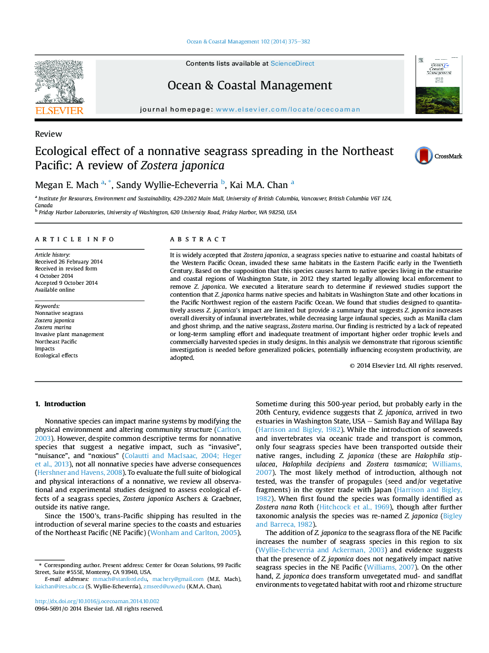 Ecological effect of a nonnative seagrass spreading in the Northeast Pacific: A review of Zostera japonica