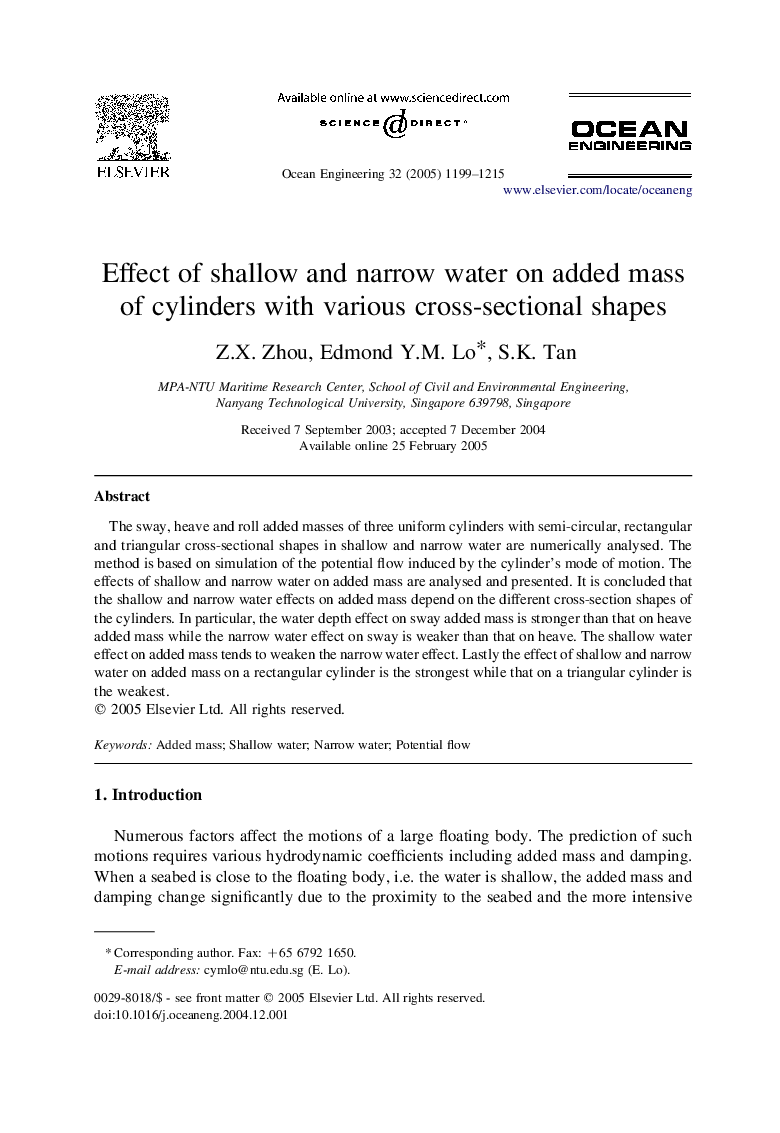 Effect of shallow and narrow water on added mass of cylinders with various cross-sectional shapes