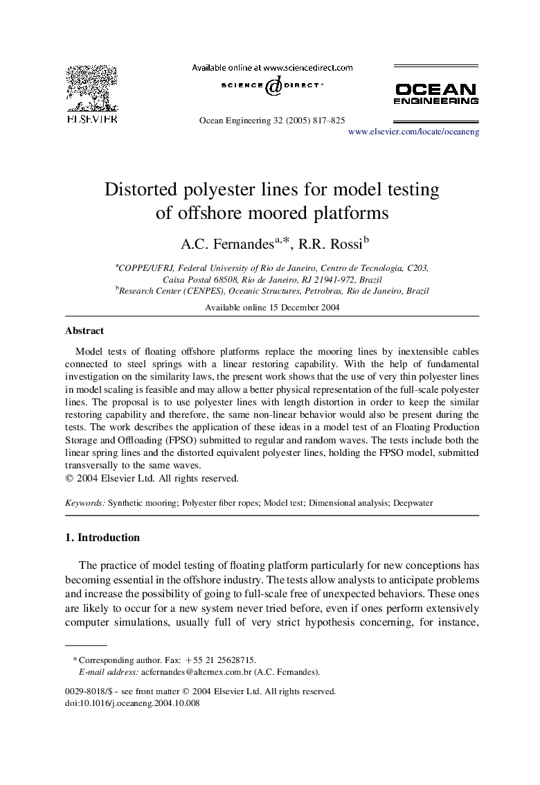 Distorted polyester lines for model testing of offshore moored platforms