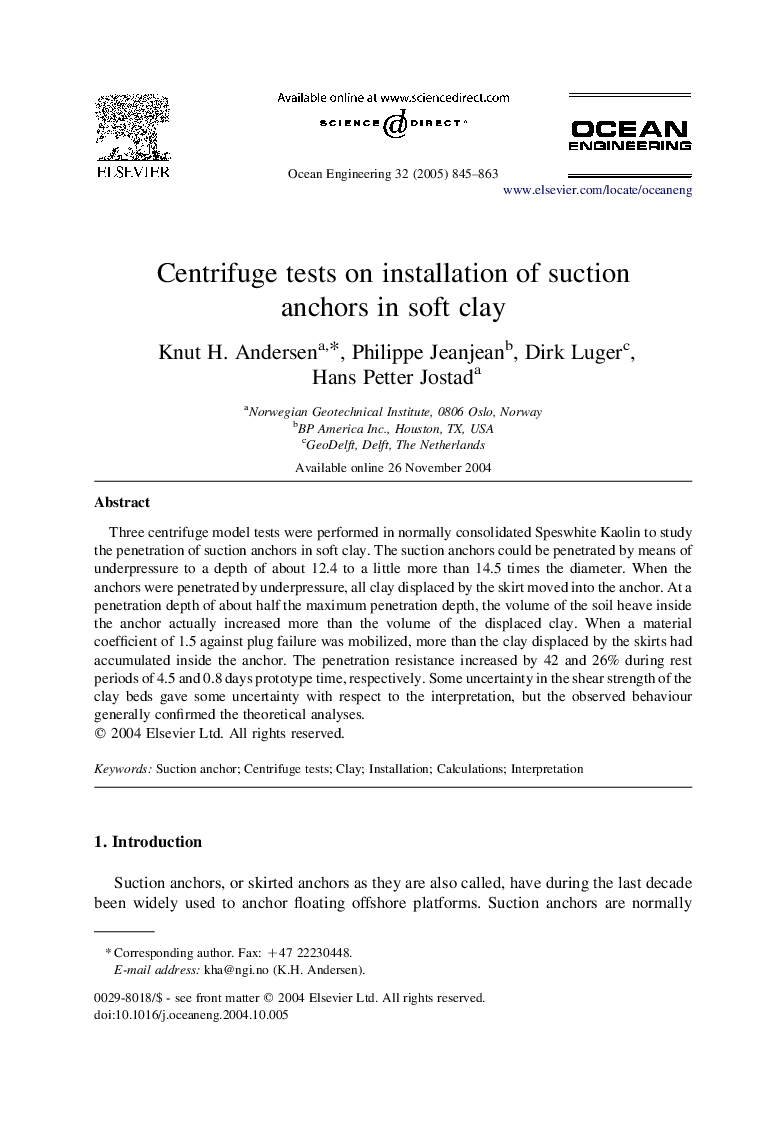 Centrifuge tests on installation of suction anchors in soft clay