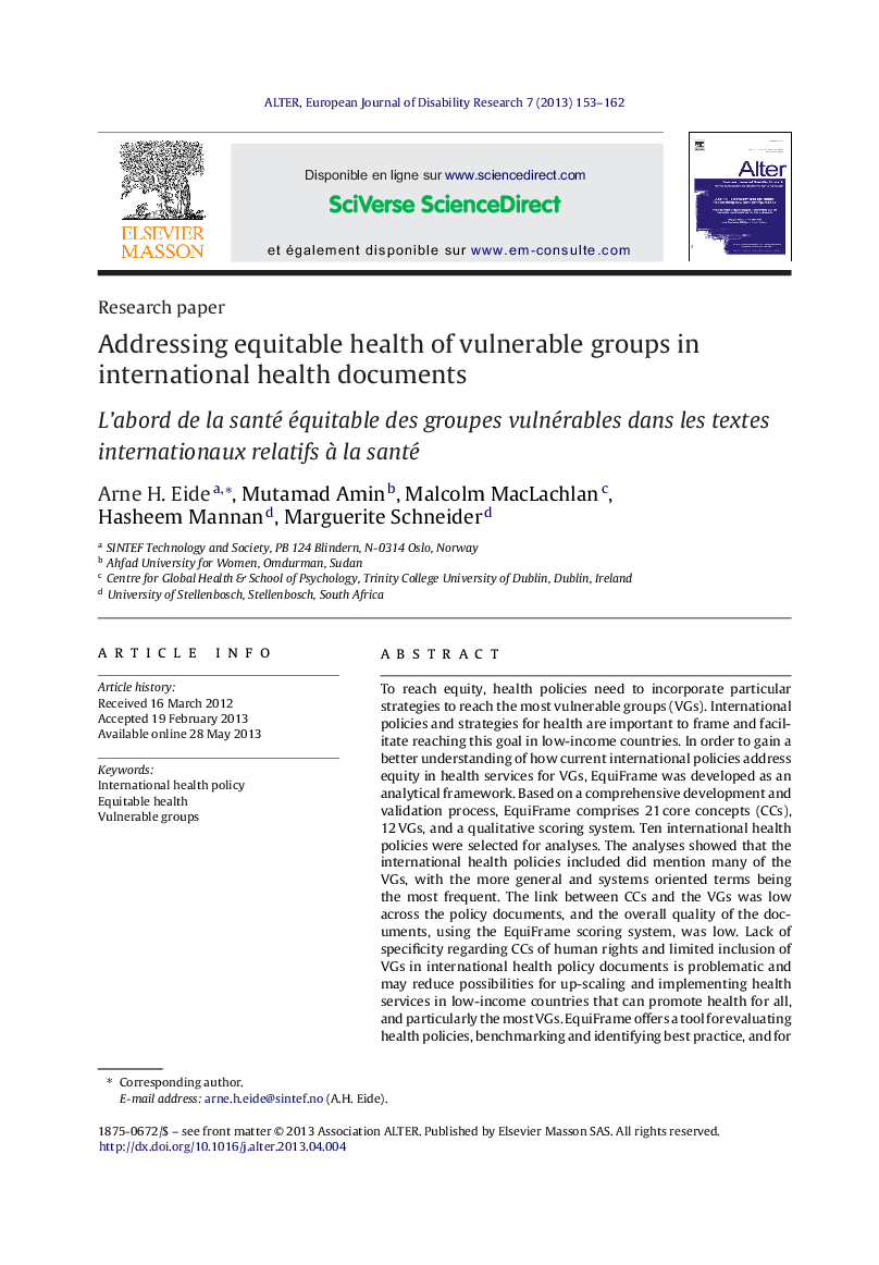 Addressing equitable health of vulnerable groups in international health documents