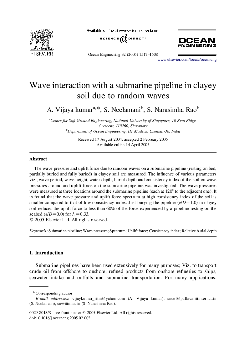 Wave interaction with a submarine pipeline in clayey soil due to random waves