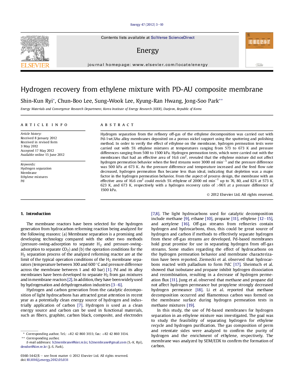 Hydrogen recovery from ethylene mixture with PD-AU composite membrane