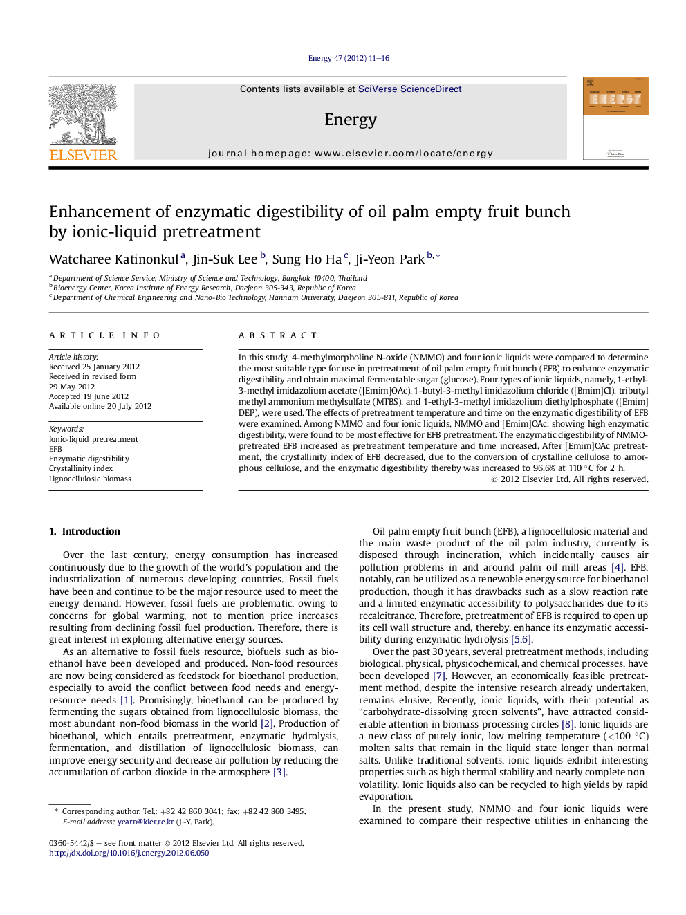 Enhancement of enzymatic digestibility of oil palm empty fruit bunch by ionic-liquid pretreatment