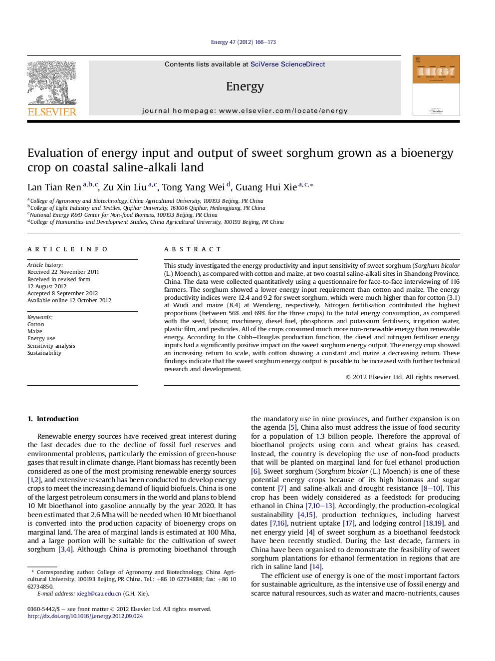 Evaluation of energy input and output of sweet sorghum grown as a bioenergy crop on coastal saline-alkali land