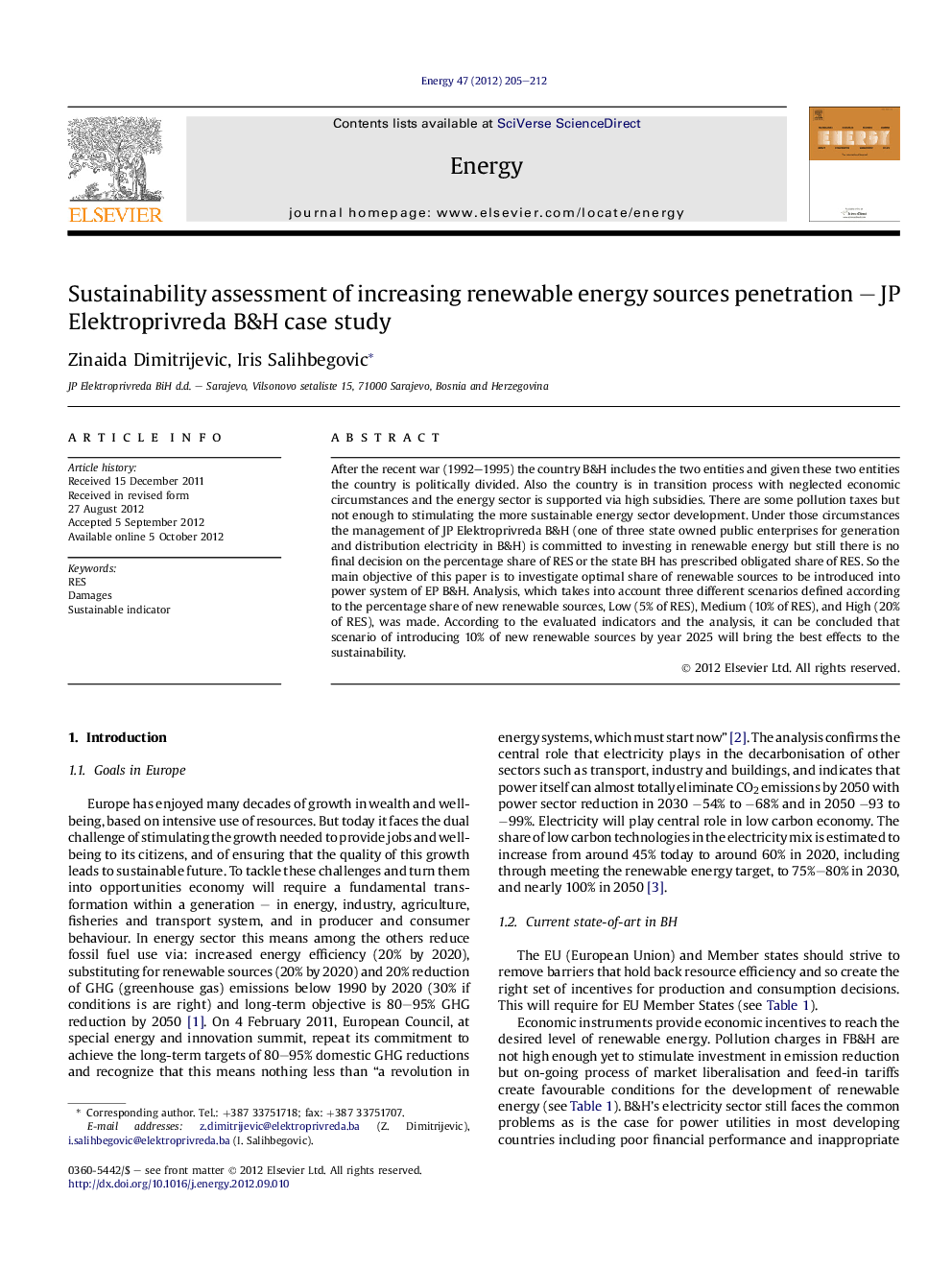 Sustainability assessment of increasing renewable energy sources penetration - JP Elektroprivreda B&H case study