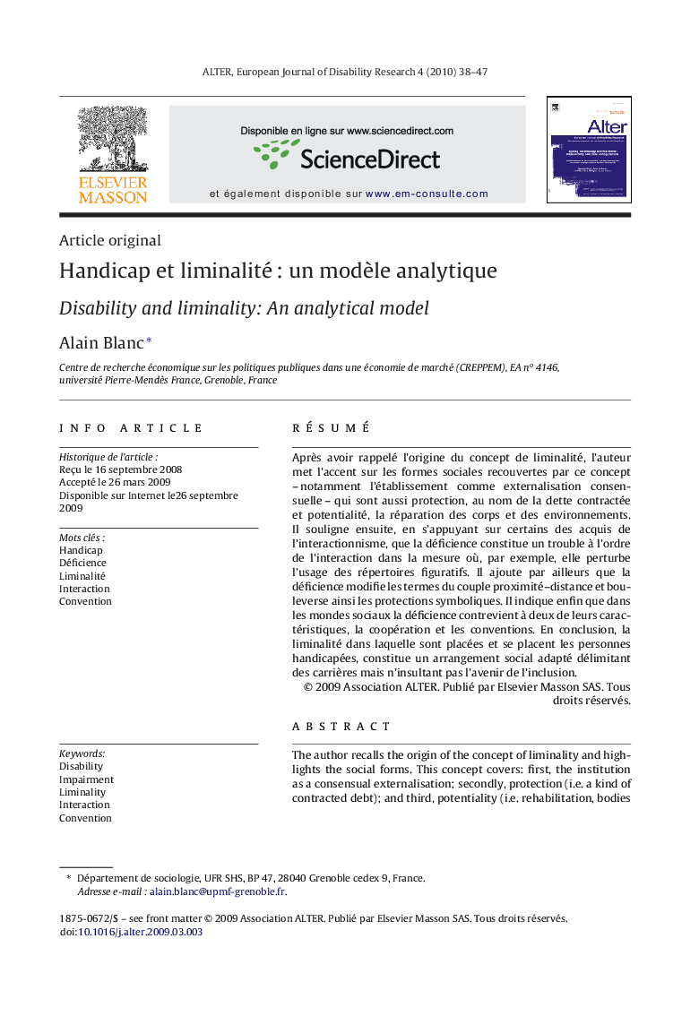 Handicap et liminalité : un modèle analytique