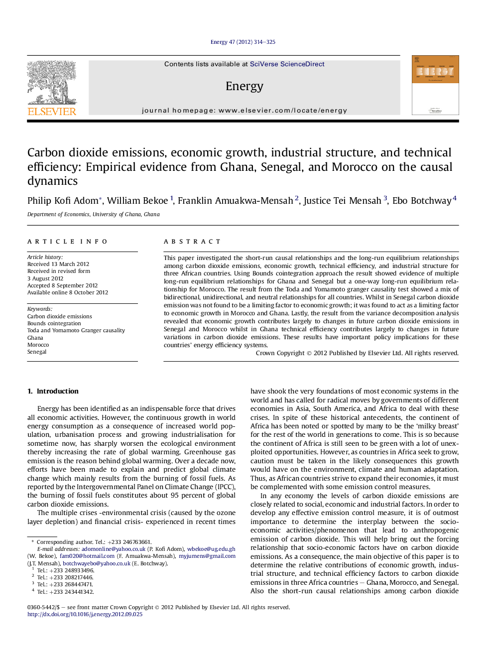 Carbon dioxide emissions, economic growth, industrial structure, and technical efficiency: Empirical evidence from Ghana, Senegal, and Morocco on the causal dynamics