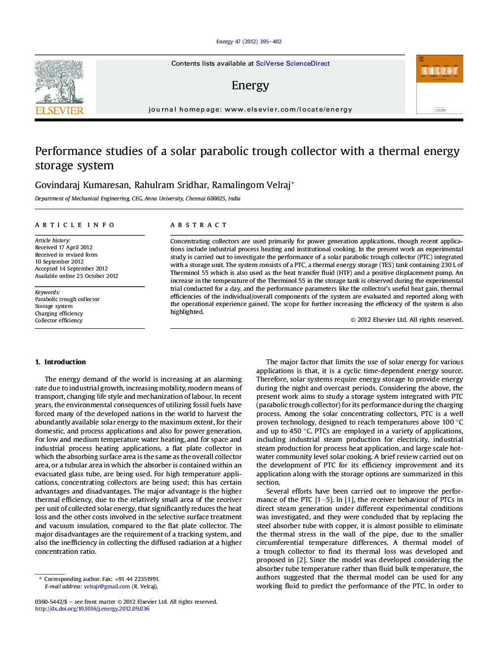 Performance studies of a solar parabolic trough collector with a thermal energy storage system