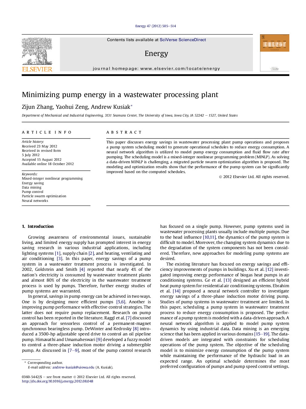 Minimizing pump energy in a wastewater processing plant