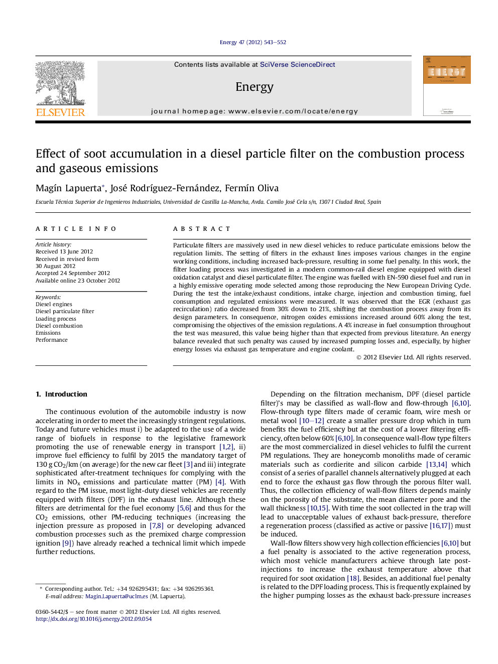 Effect of soot accumulation in a diesel particle filter on the combustion process and gaseous emissions