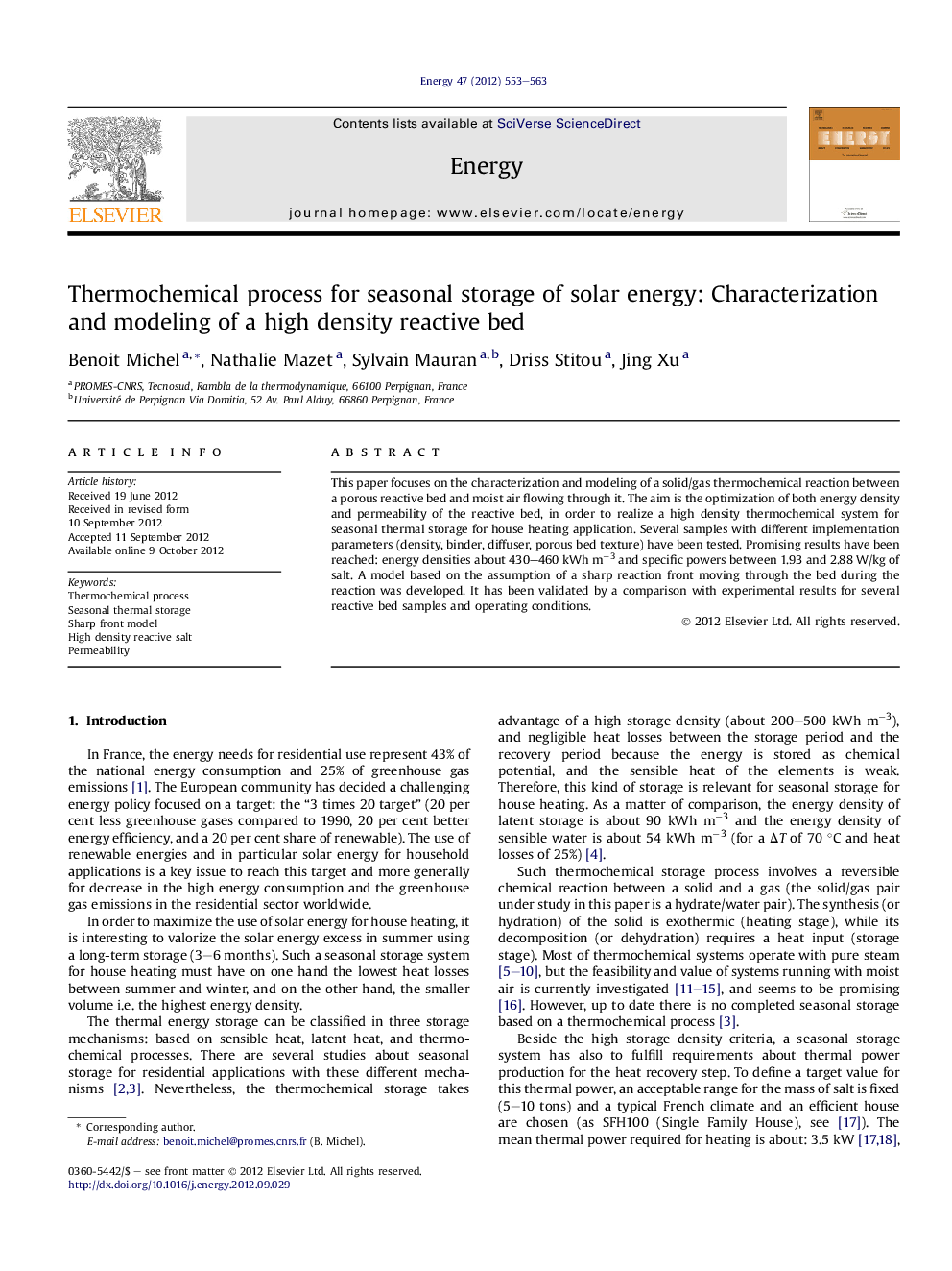 Thermochemical process for seasonal storage of solar energy: Characterization and modeling of a high density reactive bed