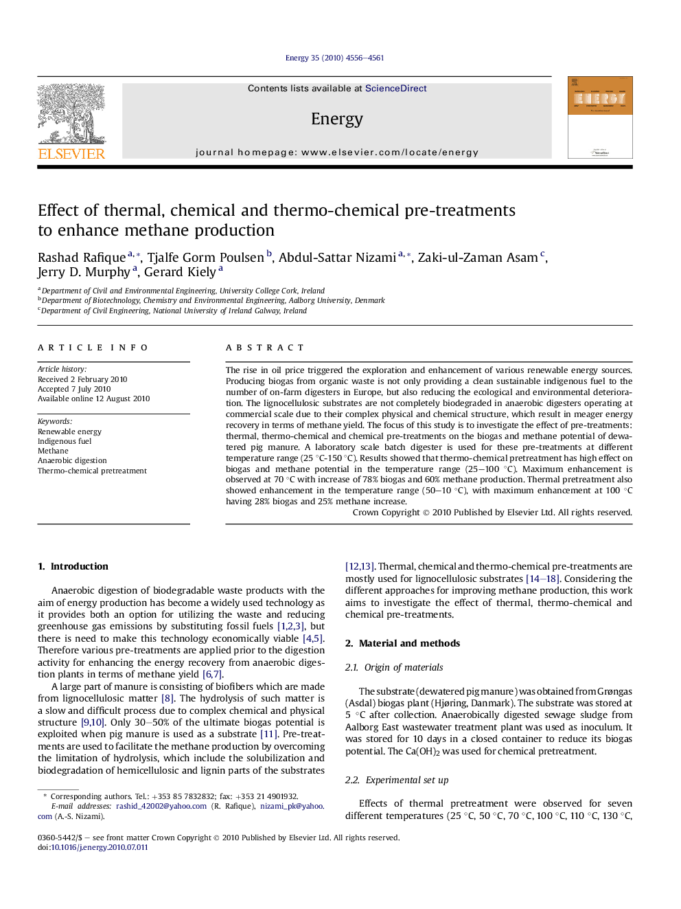 Effect of thermal, chemical and thermo-chemical pre-treatments to enhance methane production