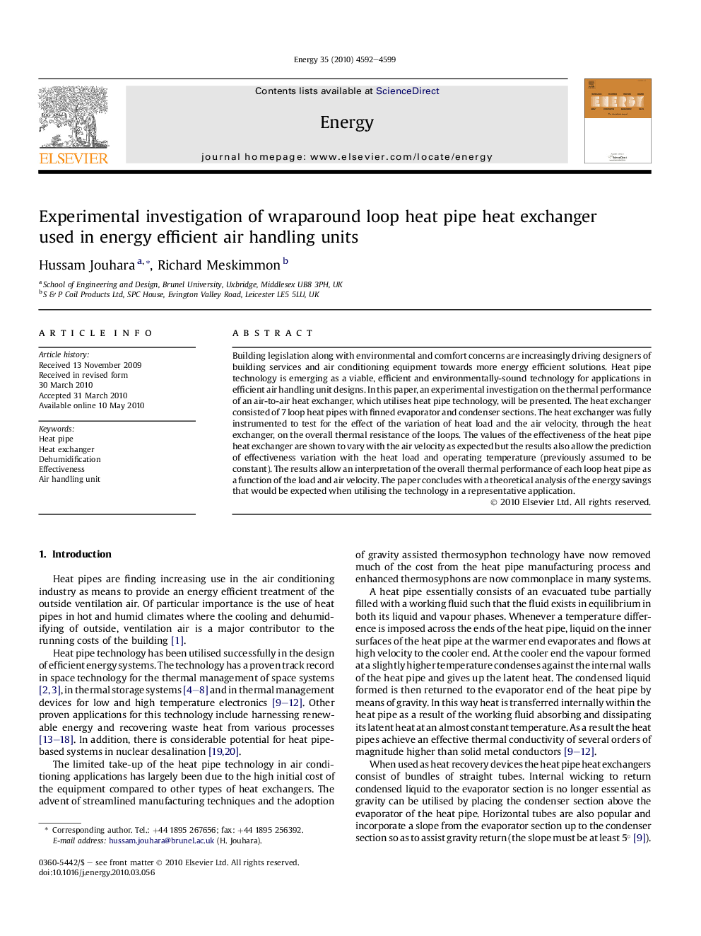 Experimental investigation of wraparound loop heat pipe heat exchanger used in energy efficient air handling units