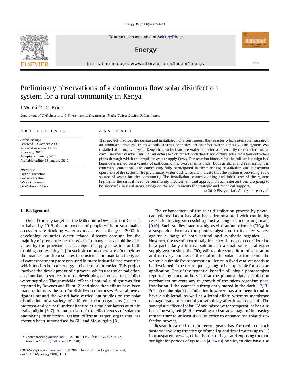 Preliminary observations of a continuous flow solar disinfection system for a rural community in Kenya