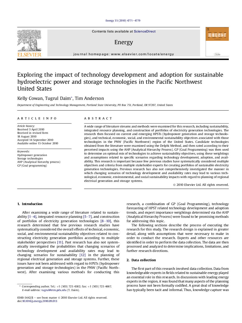 Exploring the impact of technology development and adoption for sustainable hydroelectric power and storage technologies in the Pacific Northwest UnitedÂ States