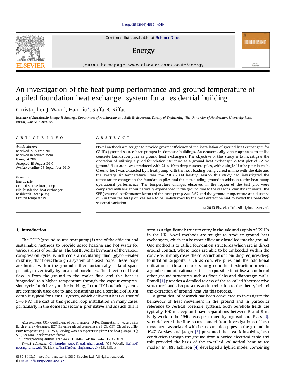 An investigation of the heat pump performance and ground temperature of a piled foundation heat exchanger system for a residential building