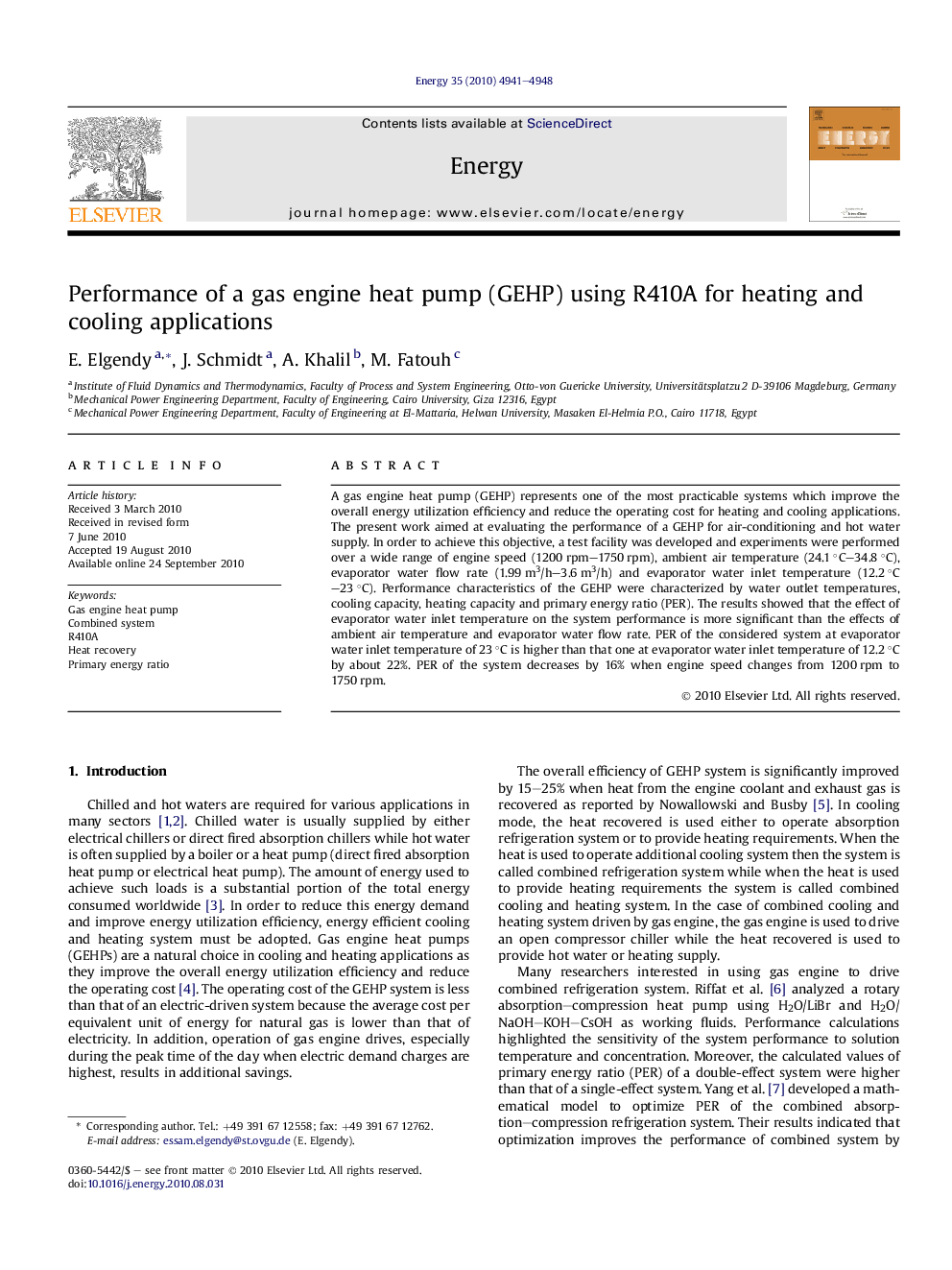 Performance of a gas engine heat pump (GEHP) using R410A for heating and cooling applications