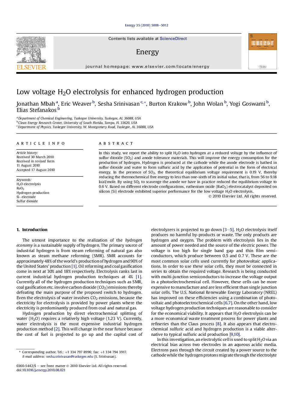 Low voltage H2O electrolysis for enhanced hydrogen production