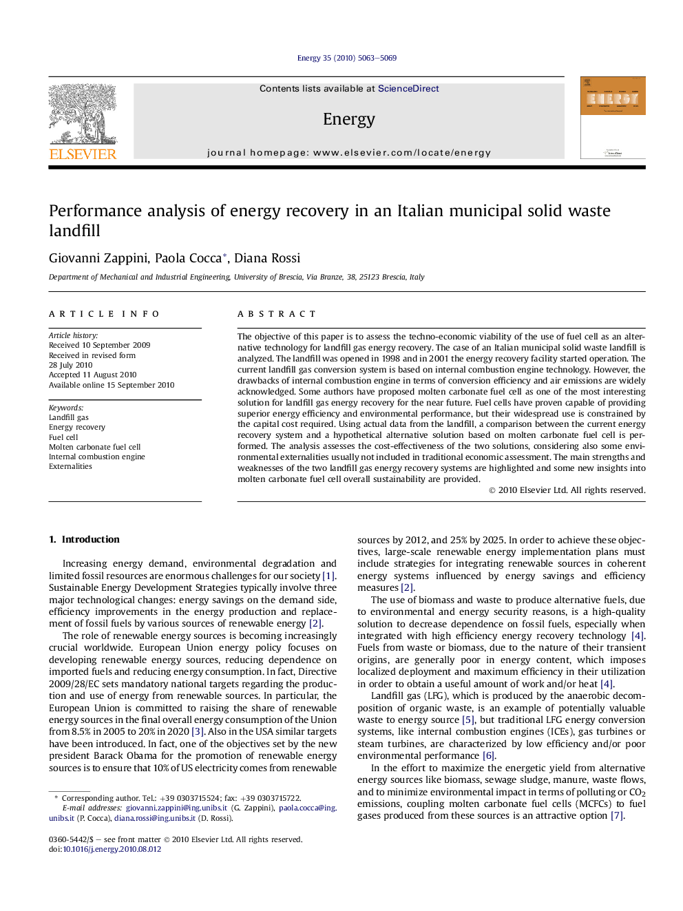 Performance analysis of energy recovery in an Italian municipal solid waste landfill