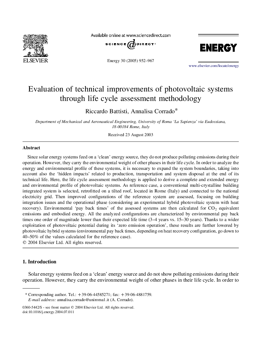 Evaluation of technical improvements of photovoltaic systems through life cycle assessment methodology