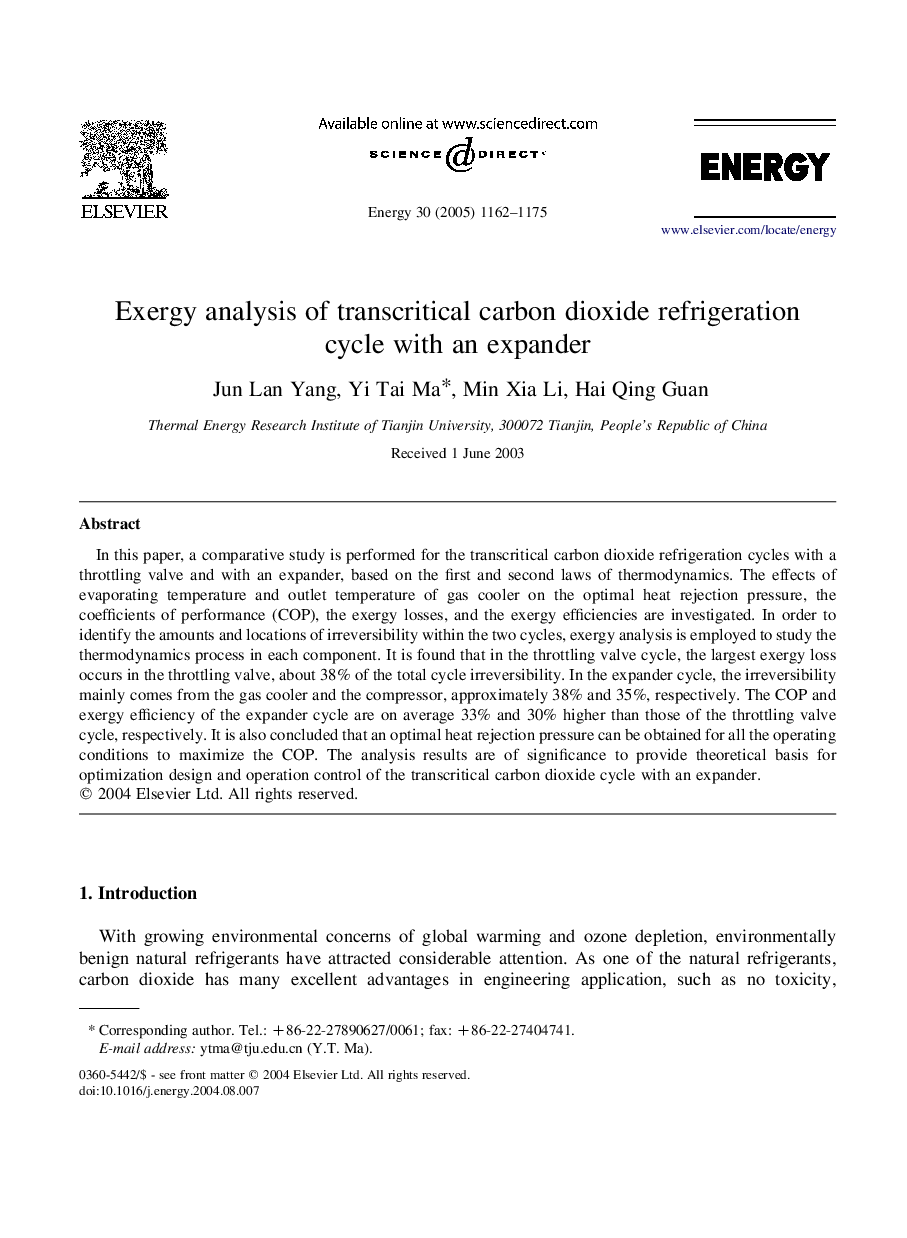 Exergy analysis of transcritical carbon dioxide refrigeration cycle with an expander