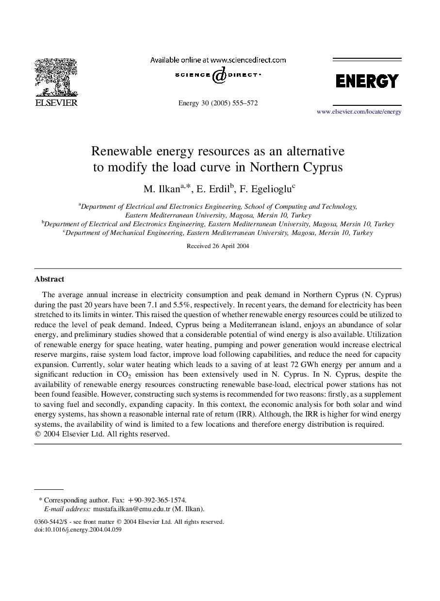 Renewable energy resources as an alternative to modify the load curve in Northern Cyprus