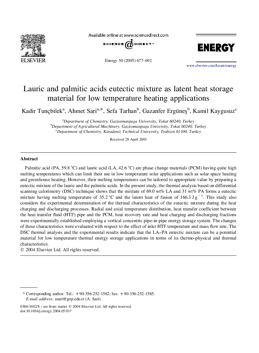 Lauric and palmitic acids eutectic mixture as latent heat storage material for low temperature heating applications