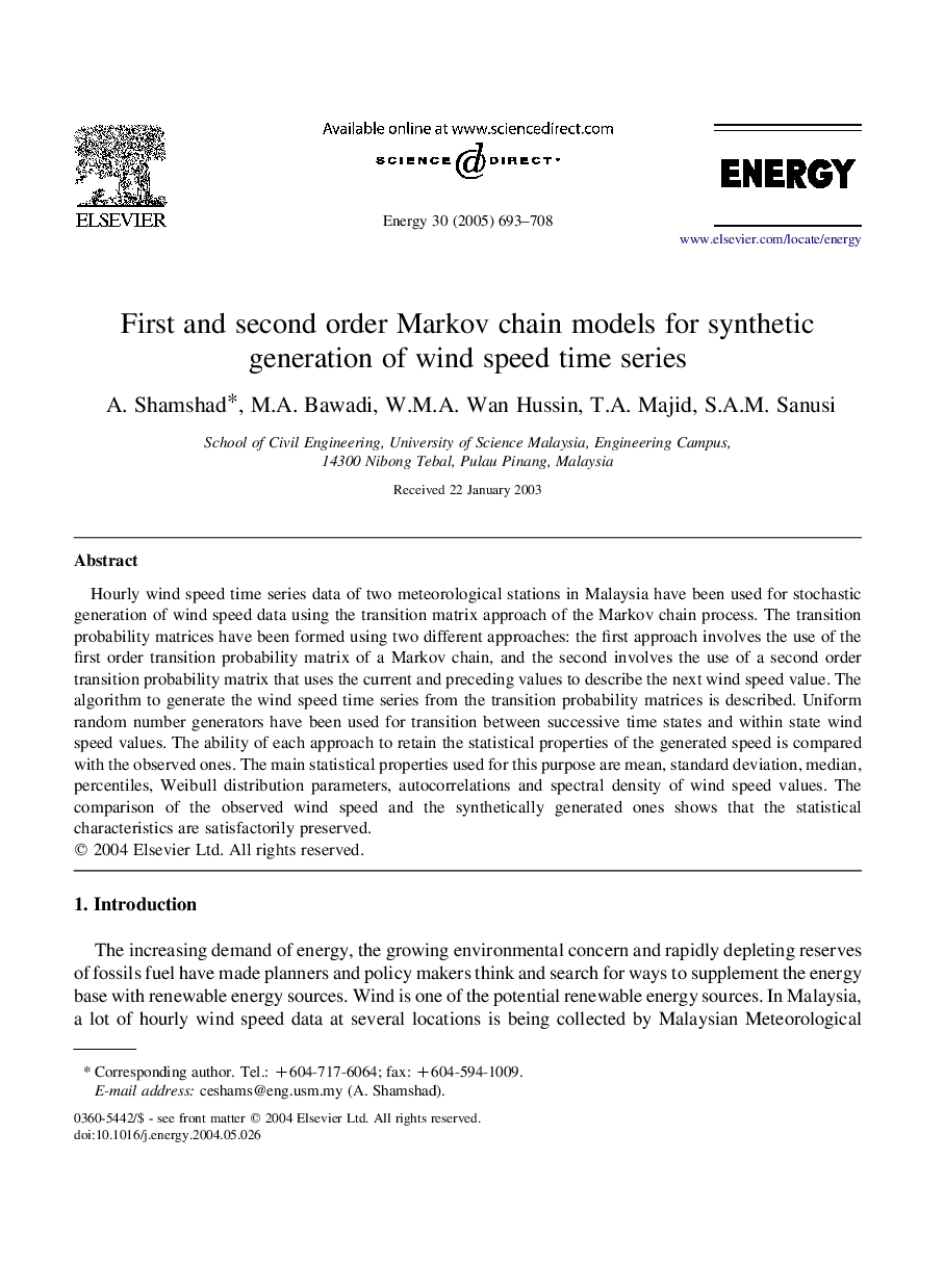 First and second order Markov chain models for synthetic generation of wind speed time series