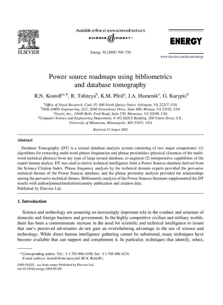 Power source roadmaps using bibliometrics and database tomography