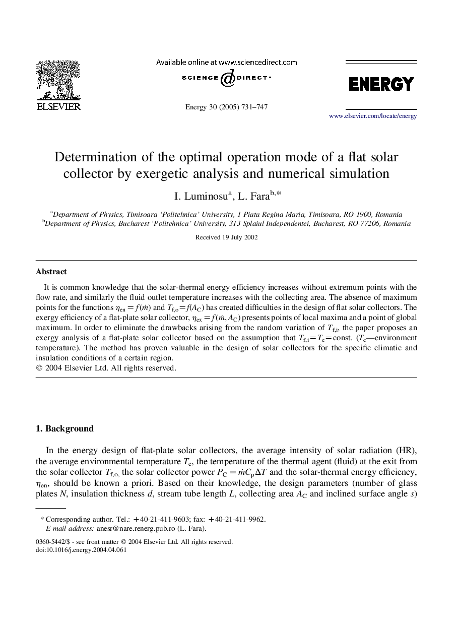 Determination of the optimal operation mode of a flat solar collector by exergetic analysis and numerical simulation