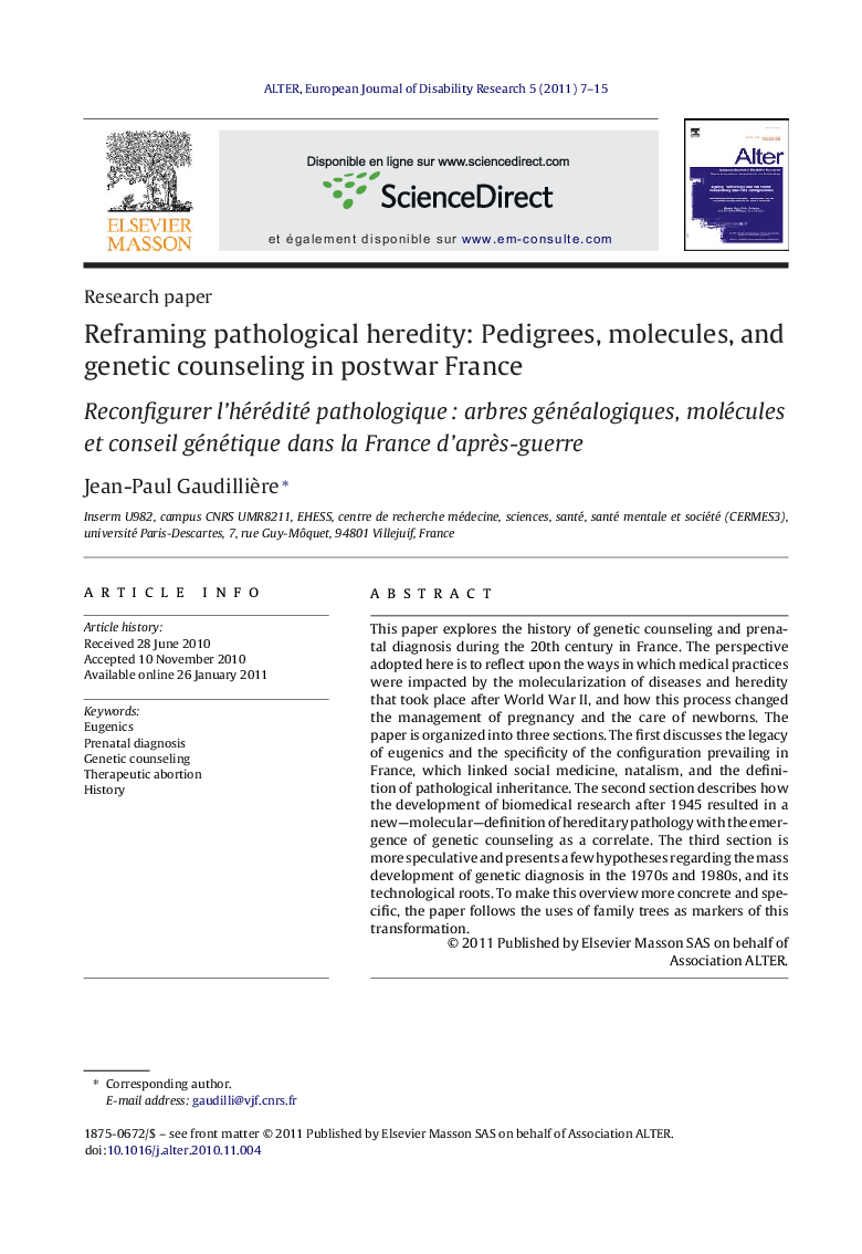 Reframing pathological heredity: Pedigrees, molecules, and genetic counseling in postwar France