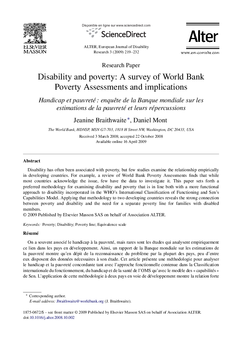 Disability and poverty: A survey of World Bank Poverty Assessments and implications