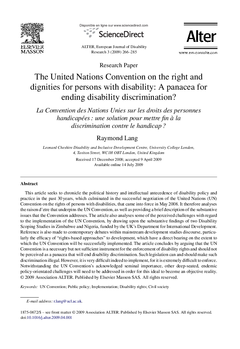 The United Nations Convention on the right and dignities for persons with disability: A panacea for ending disability discrimination?