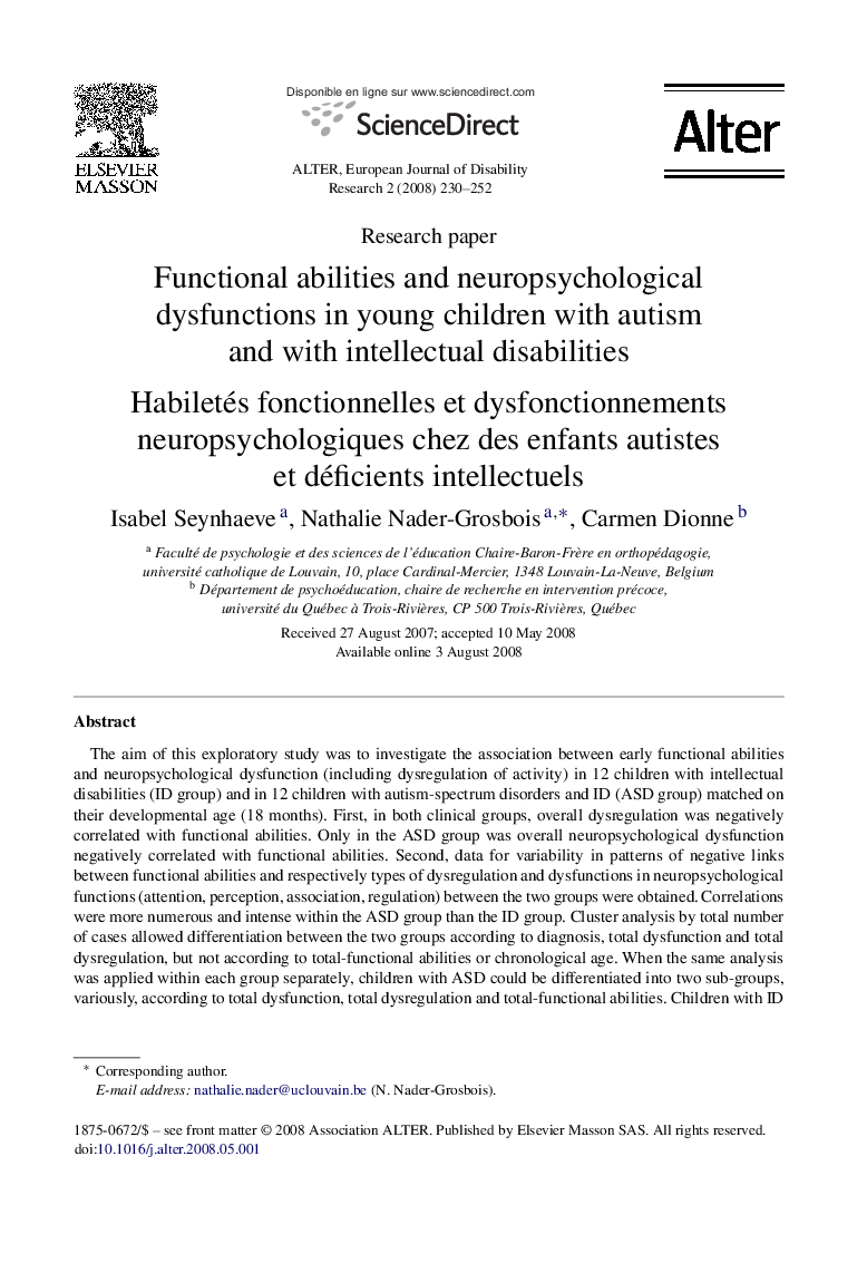 Functional abilities and neuropsychological dysfunctions in young children with autism and with intellectual disabilities