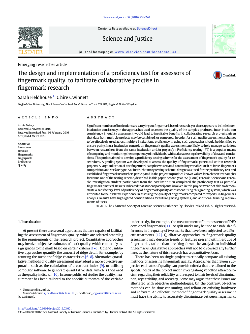 The design and implementation of a proficiency test for assessors of fingermark quality, to facilitate collaborative practise in fingermark research