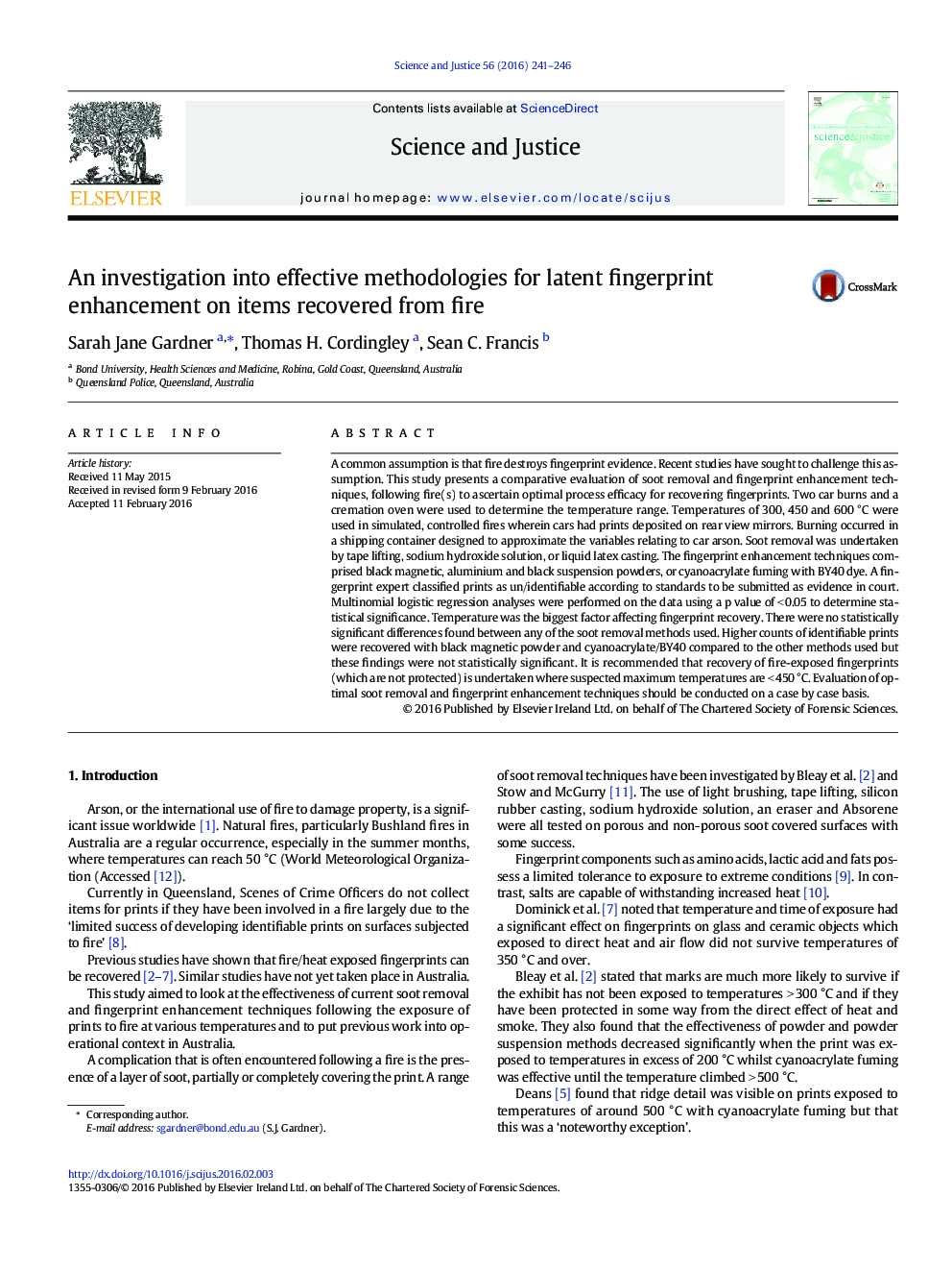 An investigation into effective methodologies for latent fingerprint enhancement on items recovered from fire