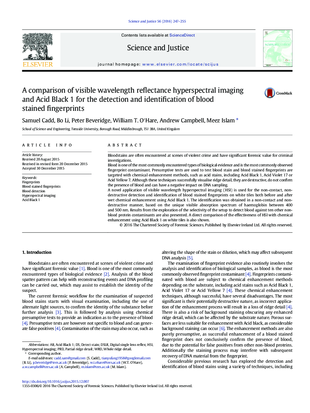 A comparison of visible wavelength reflectance hyperspectral imaging and Acid Black 1 for the detection and identification of blood stained fingerprints