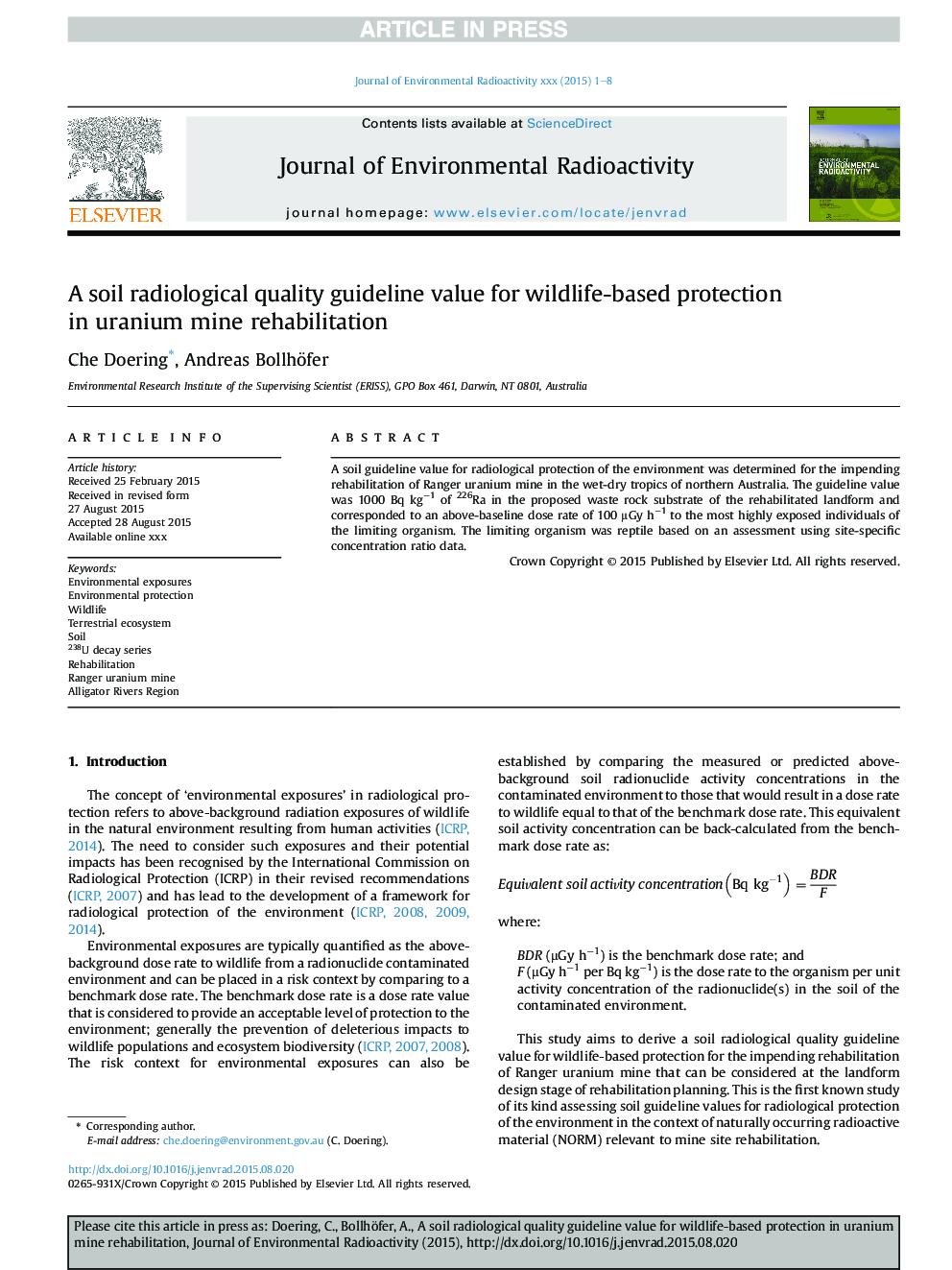 A soil radiological quality guideline value for wildlife-based protection in uranium mine rehabilitation