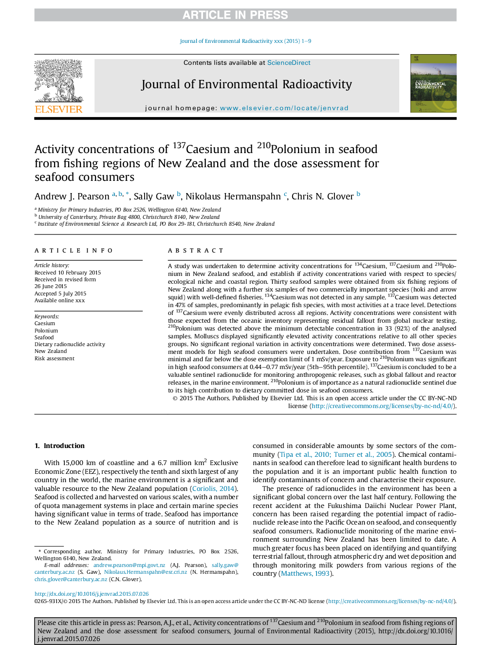 Activity concentrations of 137Caesium and 210Polonium in seafood from fishing regions of New Zealand and the dose assessment for seafood consumers