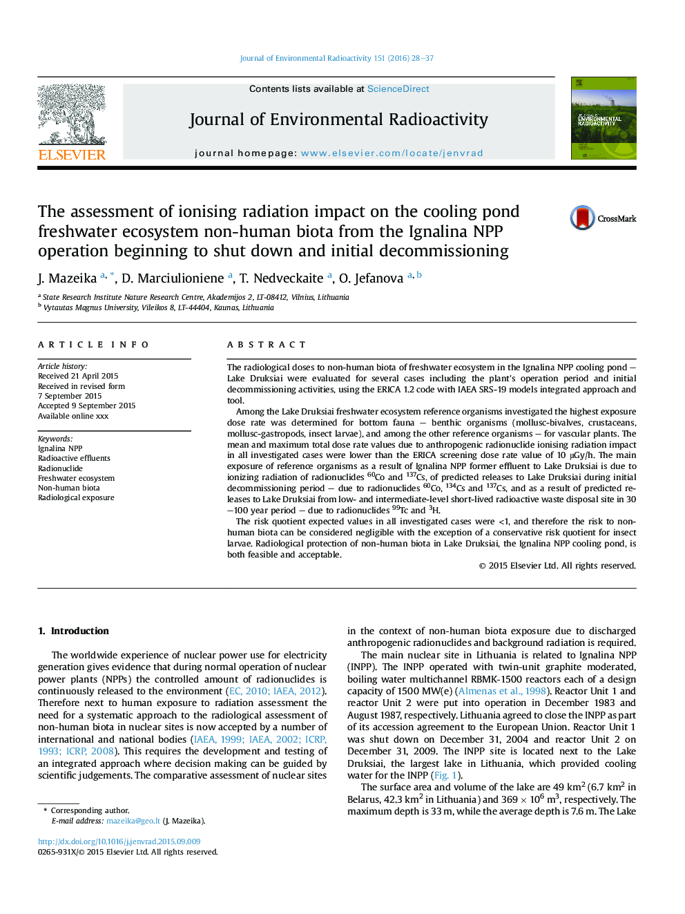 The assessment of ionising radiation impact on the cooling pond freshwater ecosystem non-human biota from the Ignalina NPP operation beginning to shut down and initial decommissioning