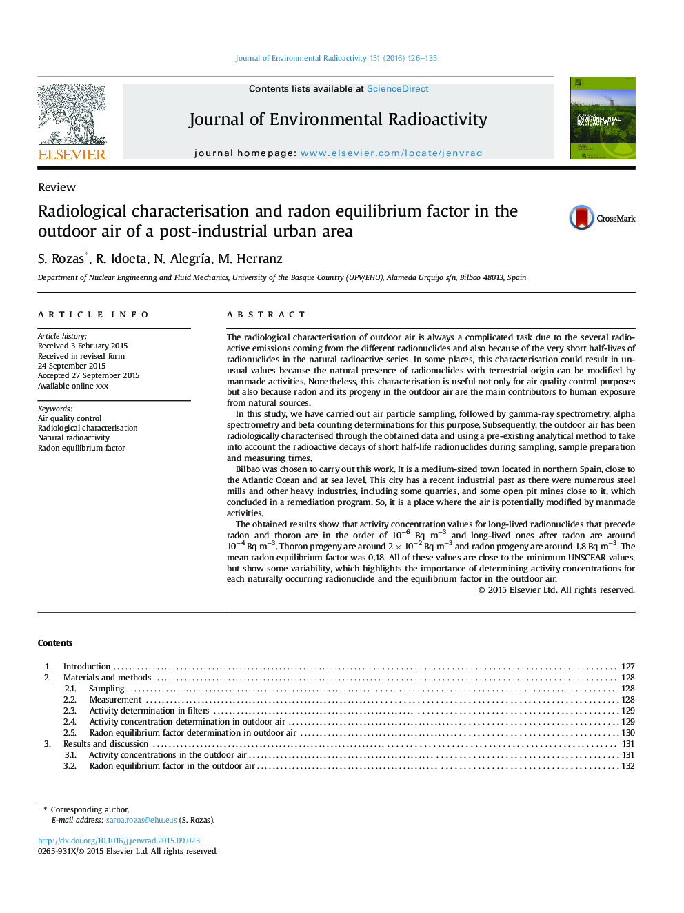 Radiological characterisation and radon equilibrium factor in the outdoor air of a post-industrial urban area