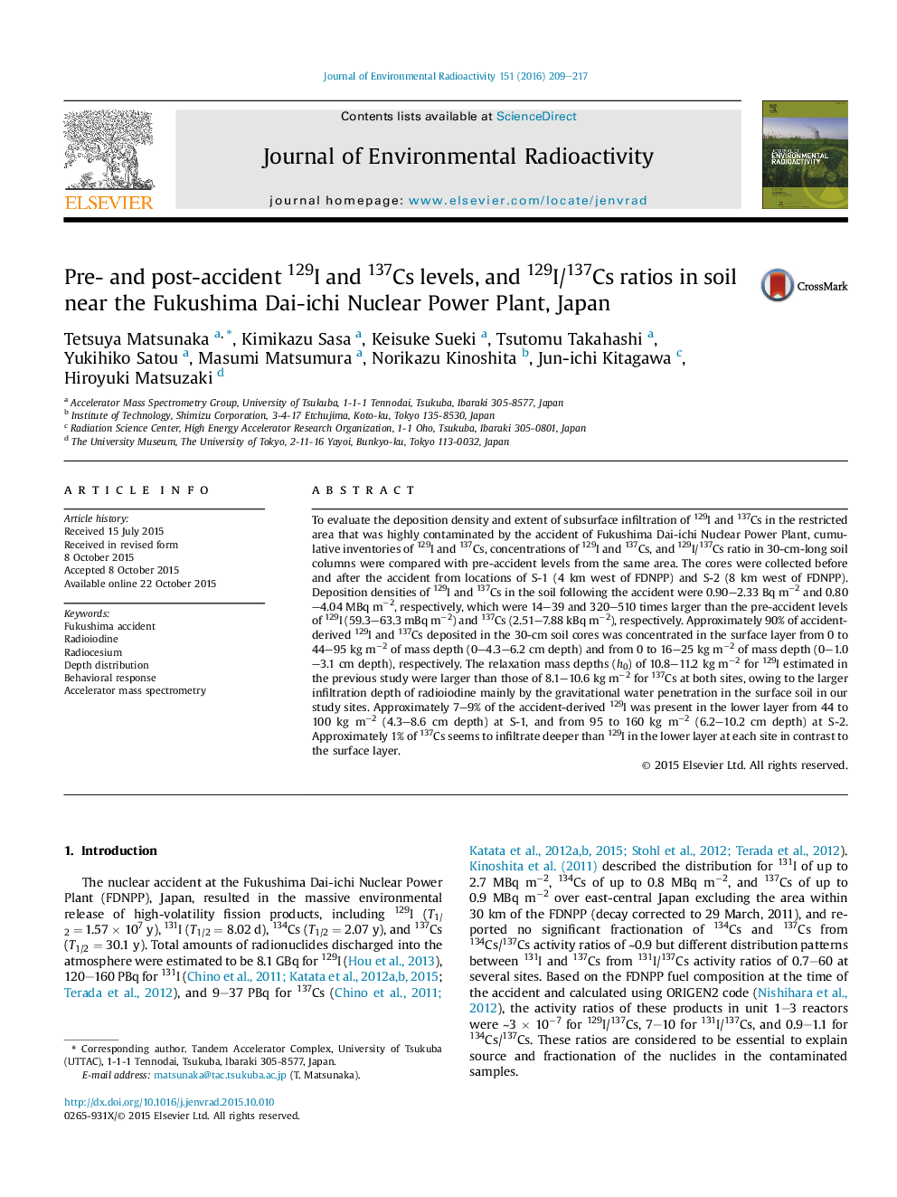 Pre- and post-accident 129I and 137Cs levels, and 129I/137Cs ratios in soil near the Fukushima Dai-ichi Nuclear Power Plant, Japan