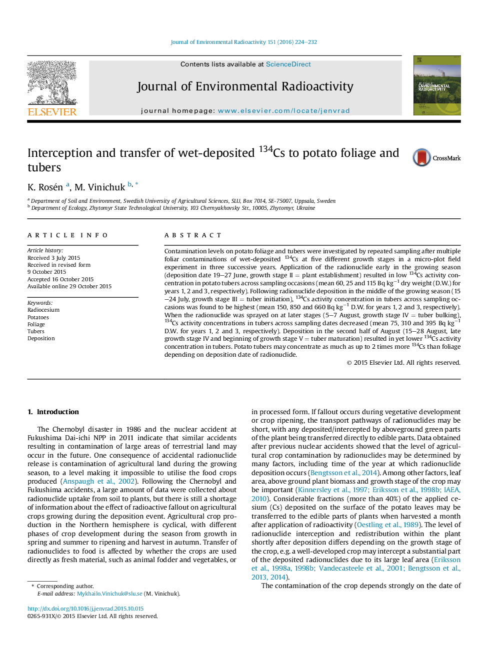 Interception and transfer of wet-deposited 134Cs to potato foliage and tubers