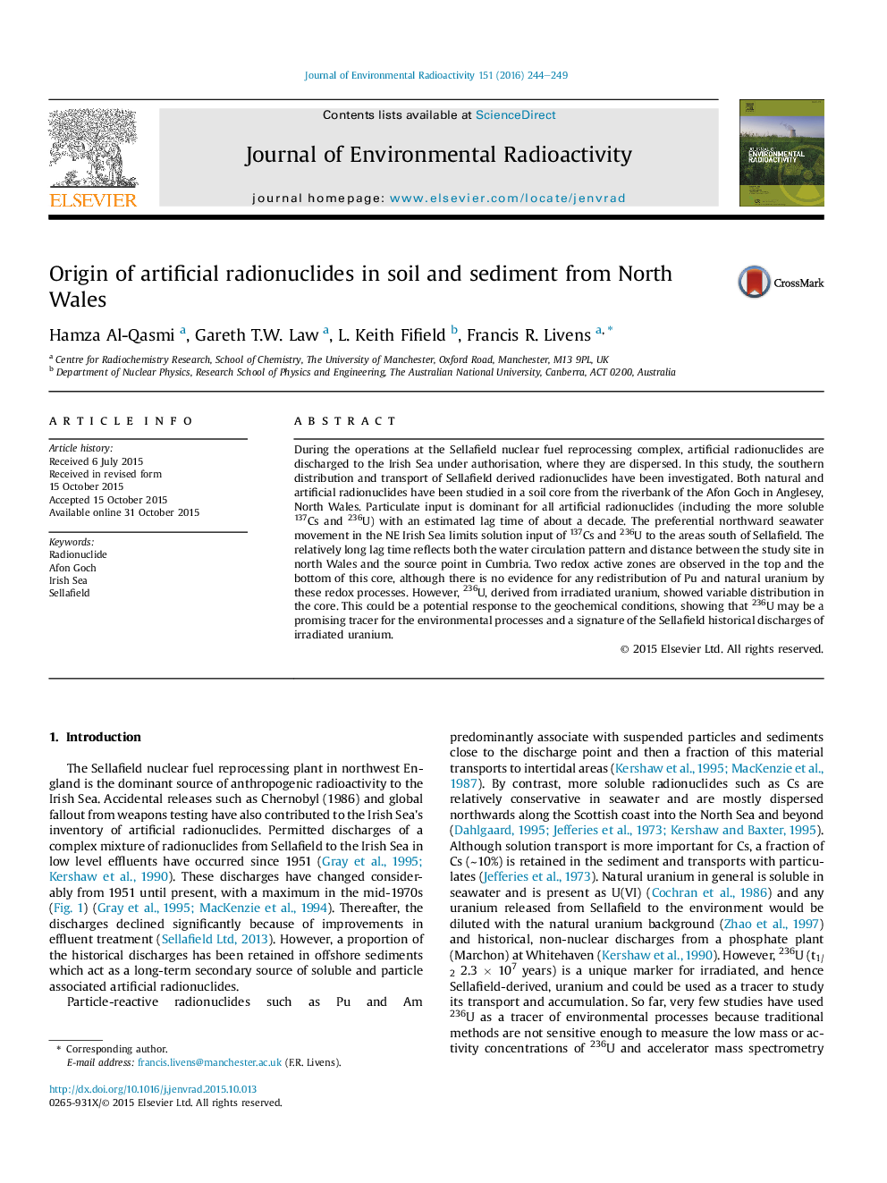 Origin of artificial radionuclides in soil and sediment from North Wales